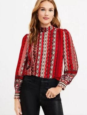 LOFT Red Sriped Print Tie Back Long Sleeve Top